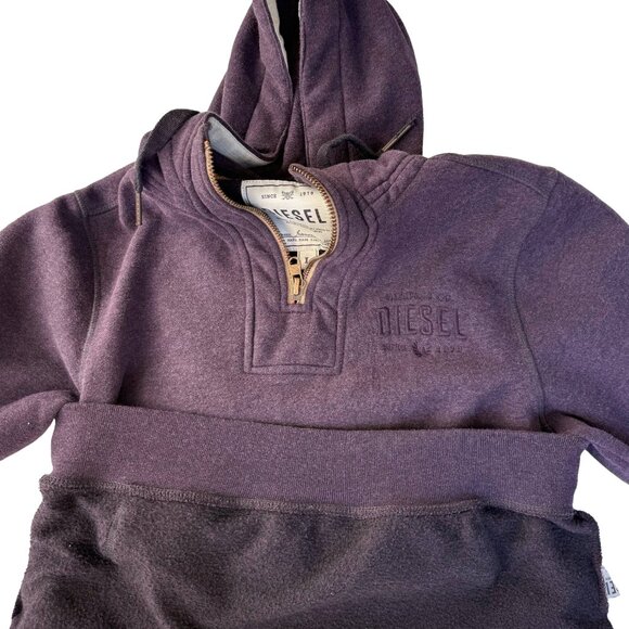 Diesel Half Zip Hoodie L Dark Plum Purple Embroidered Logo Kangaroo Pocket - Picture 7 of 12